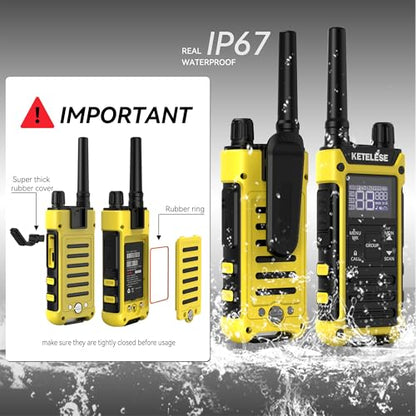 T3F Walkie Talkies 6 Pack for Adults, IP67 Waterproof 2 Way Radios Rechargable, with Earpiece and Mic, Shock Resistant, Dual PTT, One Key Group Call, VOX, NOAA&Wheather Alert, Black/Yellow