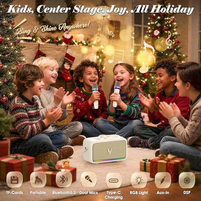 Karaoke Machine with 2 Wireless Mics & Soft Leather Wrap |mini Portable Bluetooth Speaker with 5 Voice Changer Modes for Home Party, AUX/USB/TF Support, for Kids and Adults