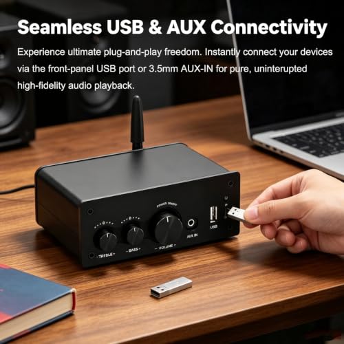 LONPOO 200W Bluetooth Audio Amplifier with DAC for Bookshelf Speaker HiFi | TPA3116 Chip, 2.0 Channel, Optical Coaxial USB RCA Aux Input, Plug and Play, Low Distortion, Black - color: all black