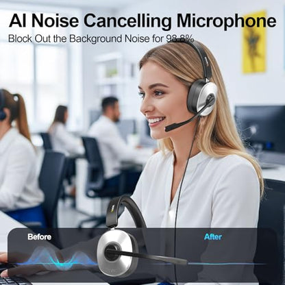 Wantek USB Headset with Microphone for PC, Wired On-Ear | Noise Cancelling Mic, USB/3.5mm/Type-C, Home Office, Work, Call Center, Online Courses, Skype, Zoom（Silver）