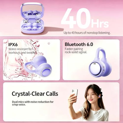 Open Ear Clip Earbuds Bluetooth 6.0, Wireless Ear Clip Headphones with LED Mirror Charging Case, IPX6 Waterproof 40H Playtime, Lightweight Open-Ear Earphones for Women Girls Gifts (Purple) - color: Purple