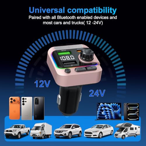 63W FM Transmitter Bluetooth Car Adapter, Wireless FM Bluetooth Transmitter | [PD 45W & QC3.0] Fast Charge, Deep Bass Player, Hands-Free Calling, Pink - color: Pink