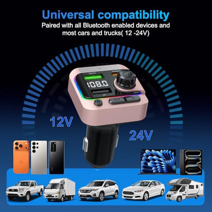 63W FM Transmitter Bluetooth Car Adapter, Wireless FM Bluetooth Transmitter | [PD 45W & QC3.0] Fast Charge, Deep Bass Player, Hands-Free Calling, Pink - color: Pink