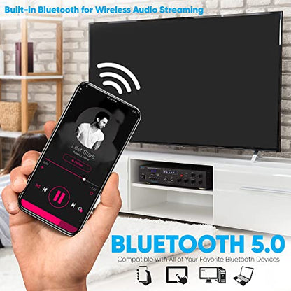 Pyle Public Address Amplifier - 500W Compact Digital Receiver w/ 70V 100V Output, Dual Mic Input, USB-A Input w/ MP3 Player, FM Radio, RCA | Home, Continuous Volume and Commercial | PMSA126BU - style: Wireless Amplifier