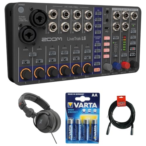Zoom LiveTrak L6 Digital Mixer/Recorder Battery Powered Bundle with Polsen HPC-A30 Closed-Back Studio Monitor Headphones, XLR- XLR Cable, Varta High-Energy 1.5V AA LR6 Alkaline Battery (4-Pack)