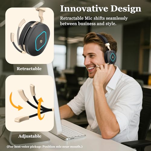 Wireless Headset with Mic for Work, Bluetooth Headset with Microphone, Retractable Boom Mic, Hybrid Mode Wireless/Wired, Dual AI Noise Cancellation, USB Dongle & Mute for Home/Office/PC/Cell Phones