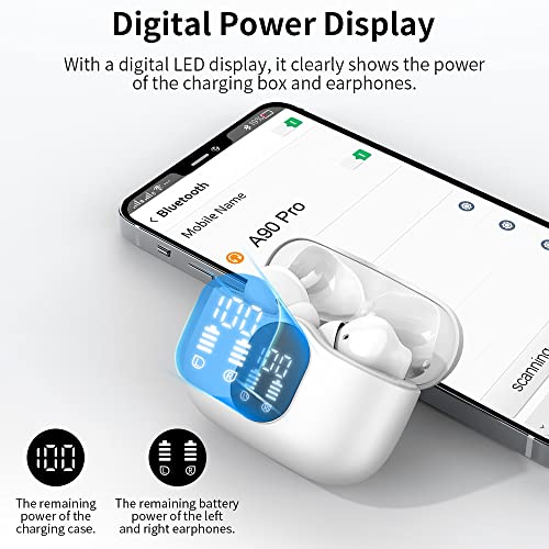 Btootos Wireless Earbuds Bluetooth 5.4 Headphones Bass Stereo Ear Buds with Noise Cancelling Mic LED Display in Ear Earphones IP7 Waterproof 36H Playtime for Laptop Pad Phones Sports Workout White | Ear Buds with Noise Cancelling Mic LED Display, 36H, IP7