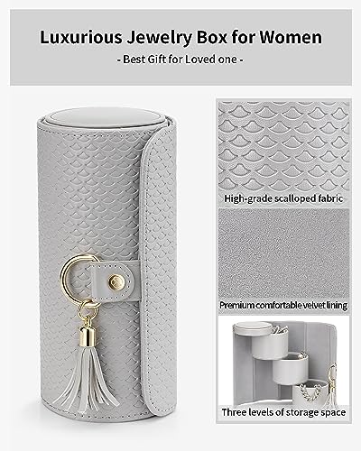 VLANDO Travel Jewelry Organizer, 3 Tier Roll Up Design, Hard Shell Storage | Stepped Sections Compartments Keep Jewelry Visible, Soft Lining Protect Pieces, Snap Closure, Travel Gift for Women Girl - color: C.Grey