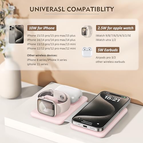3 in 1 Wireless Charging Station for iPhone 17 16 15 14 13 12 Pro Max Plus – Foldable Magnetic Charger Pad for Apple Watch Series & AirPods – Fast Wireless Charging Dock for Travel & Home - color: Pink
