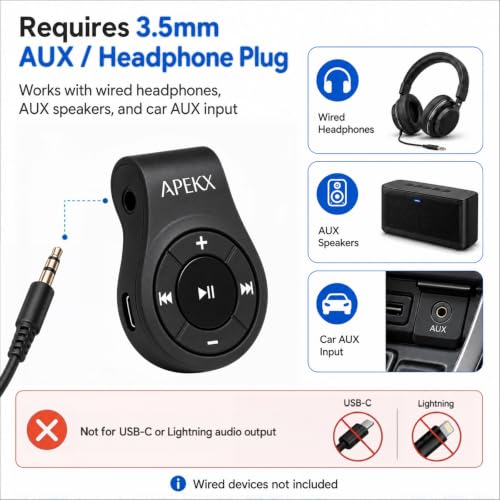 Clip Bluetooth Adapter & Receiver w/Mic for 3.5mm Headphone &Car Aux | Bluetooth Car Adapter, Wireless Audio Receiver w/ Built-in Mic for Hands-Free Call and Music