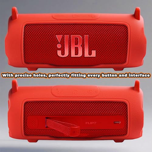 Silicone Cover Compatible with JBL Flip 7 Waterproof Portable Speaker with Shoulder Strap (Red) - color: Red