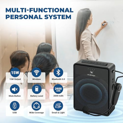 Voice Amplifier Wireless Microphone Headset B002, Original Sound Portable | Microphone and Speaker Set, 15W Megaphone Speaker with Bluetooth Mic, Personal PA System for Teachers Classroom Tour Guide