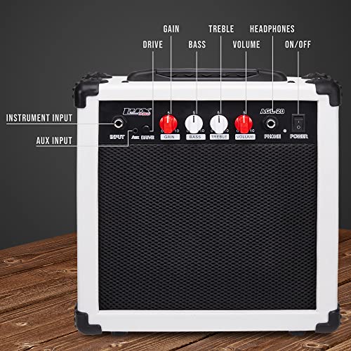 LyxPro Electric Guitar Amp 20 Watt Amplifier Built in Speaker Headphone Jack and Aux Input Includes Gain Bass Treble Volume and Grind - White - color: White, size: 20 Watt