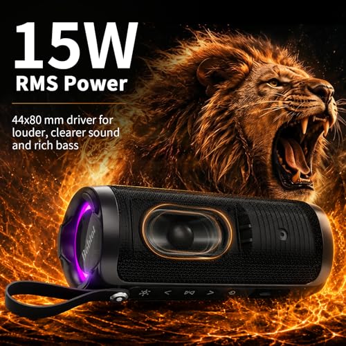 Bobtot Portable Bluetooth Speaker 15W, IPX6, Black | TWS Pairing, 15H Playtime, RGB, Powerful Sound with Dual Bass for Outdoor, Party, Shower, Camping, Travel - color: Black