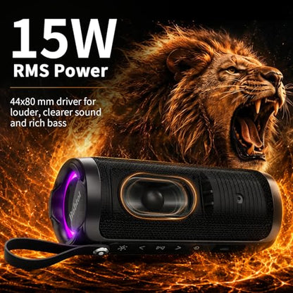 Bobtot Portable Bluetooth Speaker 15W, IPX6, Black | TWS Pairing, 15H Playtime, RGB, Powerful Sound with Dual Bass for Outdoor, Party, Shower, Camping, Travel - color: Black