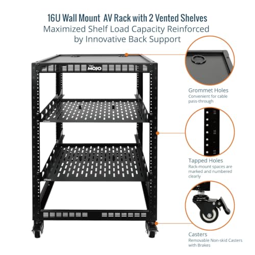 TECMOJO 16U Open Frame Network Rack for IT &AV Gear, AV Rack 4-Post with casters, Mobile 16U Rack with 2 PCS 1U Server Rack Shelf & Mounting Hardware, for 19" Network,Audio and Video Device - size: 16U with Casters