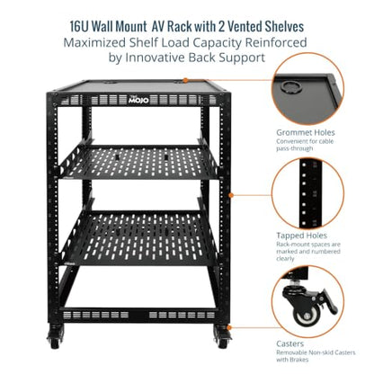 TECMOJO 16U Open Frame Network Rack for IT &AV Gear, AV Rack 4-Post with casters, Mobile 16U Rack with 2 PCS 1U Server Rack Shelf & Mounting Hardware, for 19" Network,Audio and Video Device - size: 16U with Casters
