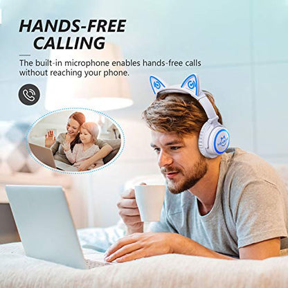 Bluetooth Cat Ear Headphones with LED Lights for Kids & Adults