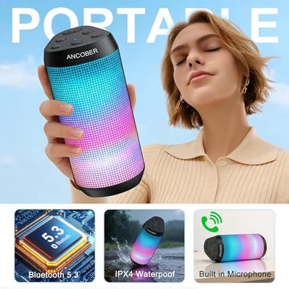 Bluetooth Speaker, Portable Wireless, 20W HD Stereo Loud Sound, 8 Modes LED Light Show, 30H Playtime, IPX4 Waterproof, TWS Pairing, Built-in Mic, BT5.3, for Outdoor, Party, Travel, Home, Ideal Gifts