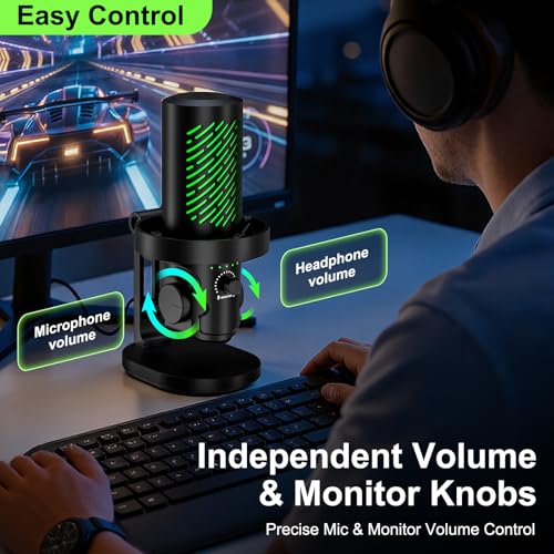 tenlamp RGB USB Condenser Microphone for Gaming Streaming Podcast - Cardioid with Touch Mute & Noise Reduction, Dynamic RGB Lights, Gain Knob, Headphone Monitoring, Plug and Play for PC Mac Phone