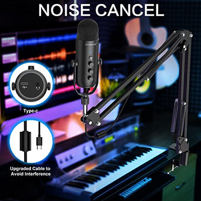 ZealSound Podcast Microphone with Boom Arm, USB Mic with Noise Reduction, Mute, Echo & Volume Control, Zero-Latency Monitoring, Compatible with PC Mac iPhone & Android, for Podcasting Gaming YouTube - color: Black
