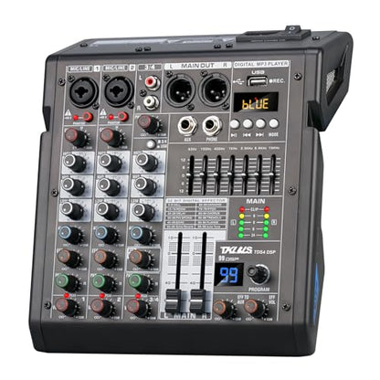 4 Channel Audio Mixer for Home Audio, Sound Mixer Board with USB Interface, 99 DSP Effects, 48V Phantom Power, XLR Inputs for Karaoke, Recording