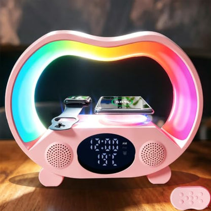 AYI Wireless Charging Station with Bluetooth Speaker Alarm Clock Fast Charger for Phone, Apple Watch, Earbuds, Temperature Time Display, 7-Color LED Night Lights Remote Control-Pink - color: 7IN1 Alarm Clock Wireless Charger ZS932 Pink