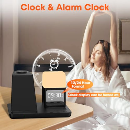 Wireless Charger for Samsung/Android Charging Station, 6 in 1 Fast Watch Charger with Alarm Clock-Night Light, Compatible for Galaxy S25 Ultra/S24, Only for Samsung Watch8/7, Galaxy Buds3 Pro(Black) - color: Black