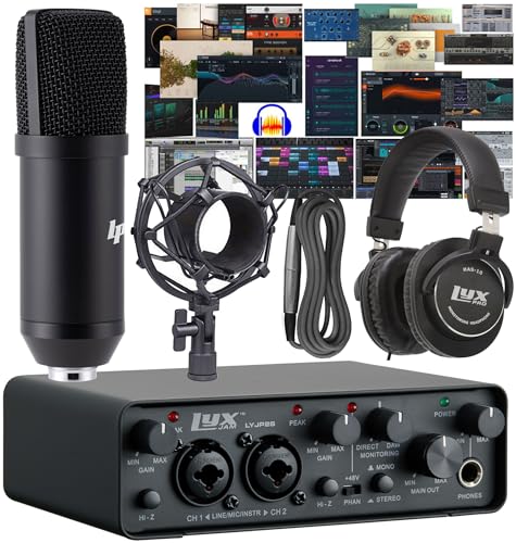 LyxJam 2×2 USB Audio Interface Recording Bundle w, Cardioid Condenser Mic, Studio Headphones, Shockmount, XLR Cable, Waveform OEM Software, 24-bit/192 kHz Music, Podcast, Voiceover & Streaming Kit