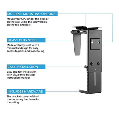HumanCentric Adjustable Under Desk Computer Mount & Wall Mount, CPU Holder | Fits Most PC & Computer Cases, Adjustable Height & Width, Full 360 Swivel, Up to 22 lb, Hardware Included