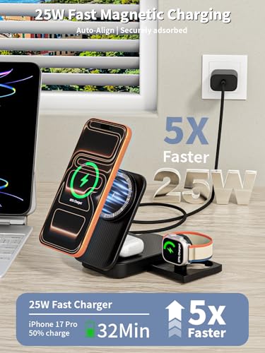 (Apple MFi Certified)3 in 1 Charging Station Apple, 25W 6FT Mag safe Stand Magnetic Charger for iPhone and iWatch with 35W USB C Block for iPhone 17 Pro Max/16 Pro/15 Plus/14/13/12,AirPods,Apple Watch