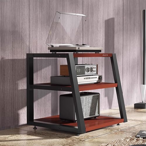 Multimedia Storage Cabinet for HiFi Rack, Wooden & Metal Audio Video Shelf, Waterproof Open Desktop Amplifier Rack with Adjustable Feet for Living Room & Bedroom Audio System(Teak,3-Schicht)