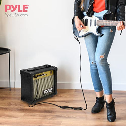 Pyle Portable Mini Electric Guitar Amp - 10 Watt Practice Instrument Amplifier w/ 5" Loudspeaker, Volume,Bass, Treble, Distortion,Gain Controls, Headphone Output,Carry Handle,Leather/Wood Construction