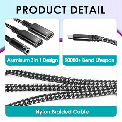 2 Pcs 3 In 1 USB C Aux Splitter Adapter, Type C To 3.5mm Charging Converter | Simultaneous Audio Playback And Fast Charging, Compatible With IPhone, Samsung, Huawei Mate, Stable Sound Transmission