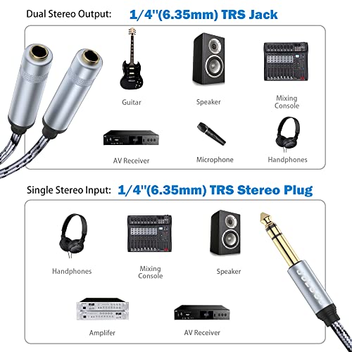 JOLGOO 1/4 Splitter Adapter Cable 12 inches, 6.35mm Stereo Plug Male to Dual 6.35mm Jack Female Y Splitter Cable, 30cm / 12 inches - style: 1/4 Splitter Male to dual Female