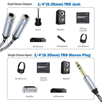 JOLGOO 1/4 Splitter Adapter Cable 12 inches, 6.35mm Stereo Plug Male to Dual 6.35mm Jack Female Y Splitter Cable, 30cm / 12 inches - style: 1/4 Splitter Male to dual Female
