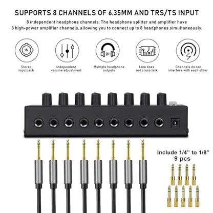 Headphone Amplifier 8 Channel, Stereo Headphone Amp with 9 Pcs 6.35mm to 3.5mm Jack, Metal Portable Studio Headphone Amp Splitter, Headphone Mixer with Mono and Stereo for Recording Studios - size: 8