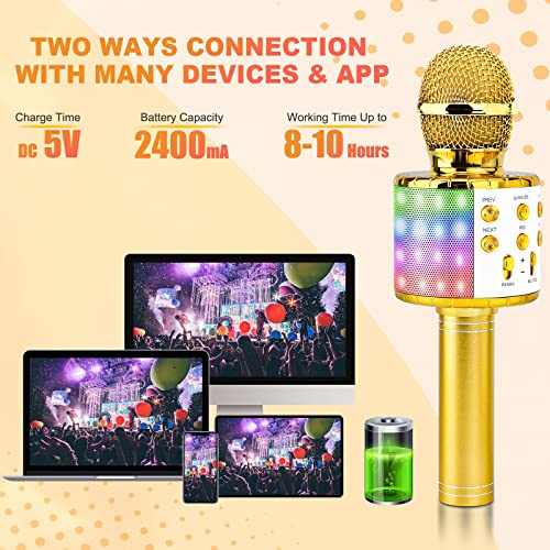 BlueFire 4 in 1 Karaoke Wireless Microphone with LED Lights, Portable Microphone for Kids, Great Gifts Toys for Kids, Girls, Boys and Adults (Gold) - color: gold