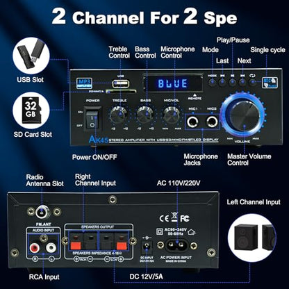 AK45 Stereo Home Audio Amplifier, 5.0 Mini Bluetooth Receiver, 300W *2 Blutooth HiFi Stereo Power Amplifier 2.0 Channel RMS 40W x 2 Home Stereo System with Remote Control Amp W/MIC,USB, RCA,FM Radio