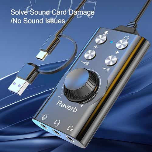 USB Type C External Sound Card, Plug and Play USB Audio Adapter with Noise Reduction Chip and Volume Control, for Laptop Phone Live Streaming Karaoke