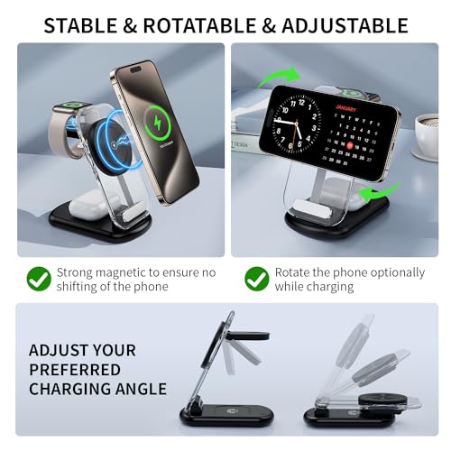 RYND 2026 Traveling Wireless Mag-Safe Fast Charging Station | Magnetic 3 in 1 Charger with Light for iPhone 17 16 15 14 13 12 Pro Max Plus,Apple Watch & Air pods 4 3 2 Pro(Black) - color: Black