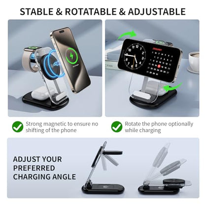 RYND 2026 Traveling Wireless Mag-Safe Fast Charging Station | Magnetic 3 in 1 Charger with Light for iPhone 17 16 15 14 13 12 Pro Max Plus,Apple Watch & Air pods 4 3 2 Pro(Black) - color: Black