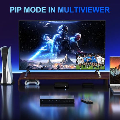 HDMI Multiviewer Switch 4x1 with PIP, PORTTA Quad Multi Viewer Seamless Switcher 4 in 1 Out with Toslink, 3.5mm Audio Output Support 1080p 60Hz, 6 Viewing Modes, Downscaler, Compatible with PS4 Xbox - size: Multiviewer 4x1 1080P