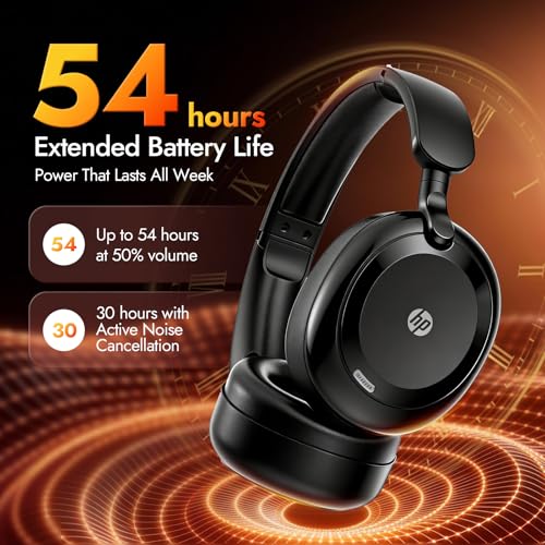 HP H231A Bluetooth Noise Cancelling Over-Ear Headphones with 54H Battery, Built-in Mic for Calls, Lightweight Wireless Headset for Work, Travel & Gaming – Black - color: Black