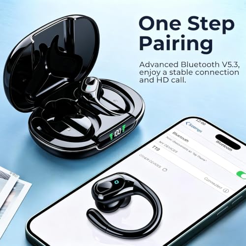occiam Active Noise Cancelling Earbuds Wireless Bluetooth Headphones Ear Buds 90Hrs Playback Stereo Bass Earphones with Mic Over-Ear Hooks IPX7 Waterproof Headset for Work Sports (Glossy Black) | Ear Buds 90Hrs Playback Stereo Bass Earphones with Mic Over