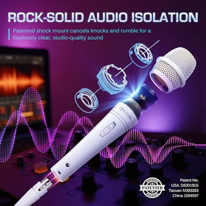 CAROL E dur-916S White XLR Wired Vocal Microphone for Singing－Supercardioid | Patented dual-shock-mount minimizes handling noise. Anti-rolling grille keeps the microphone secure on desk. - color: White