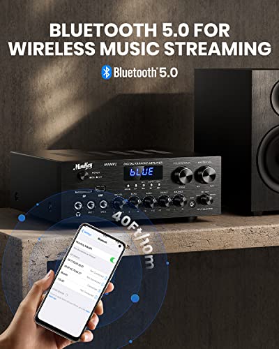 Moukey Stereo Receivers with Bluetooth 5.0, 2.0 Channel Power Audio Amplifier Stereo System w/USB, SD, AUX, RCA, MIC in w/Echo, LED for Karaoke, Home Theater Speakers, 400W Peak, 25W× 2 RMS- MAMP1 - size: 400W Peak, 25W× 2 RMS