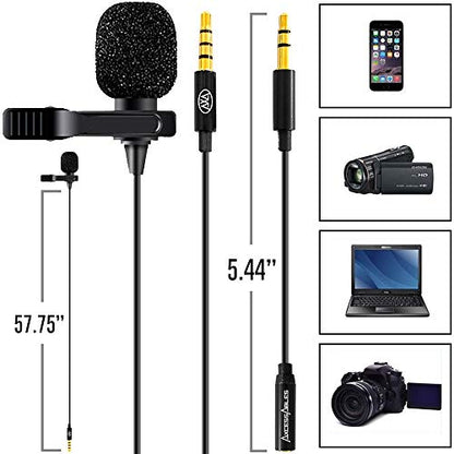 AxcessAbles Lavalier Microphone with 3.5mm TRRS Cable & TRS Adapter – Omnidirectional Clip On Lapel Mic for iPhone Android Camera Laptop – Wired Condenser Microphone for YouTube Podcast Interview