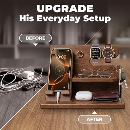 TESLYAR Wood Phone Docking Station for Men - Desk or Nightstand Organizer - Birthday Gifts for Husband or Dad - Anniversary Idea from Wife - Key Holder, Stand Wallet, Watch & Essentials (Earth Beige) | Mens Bedside Organiser with Key Holder, Wallet & Watc