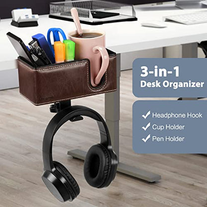 Under Desk Cup Holder Clamp on Cup Holder PU Leather Clip on Desk Organizer | Desk organizer with pencil holder clamp on side, under desk hanging organizer, clip on cup holder desk phone stand holder PU - color: Brown